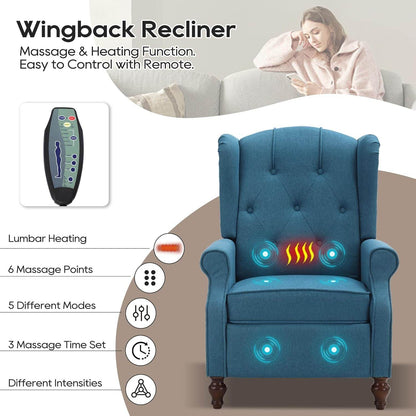Wingback Recliner Chair with Massage and Heat Tufted Fabric Push Back Recliner Chair for Living Room Vintage Recliner Chair with Remote Control, Padded Cushion, Backrest, Wooden Legs - Loft&Timber