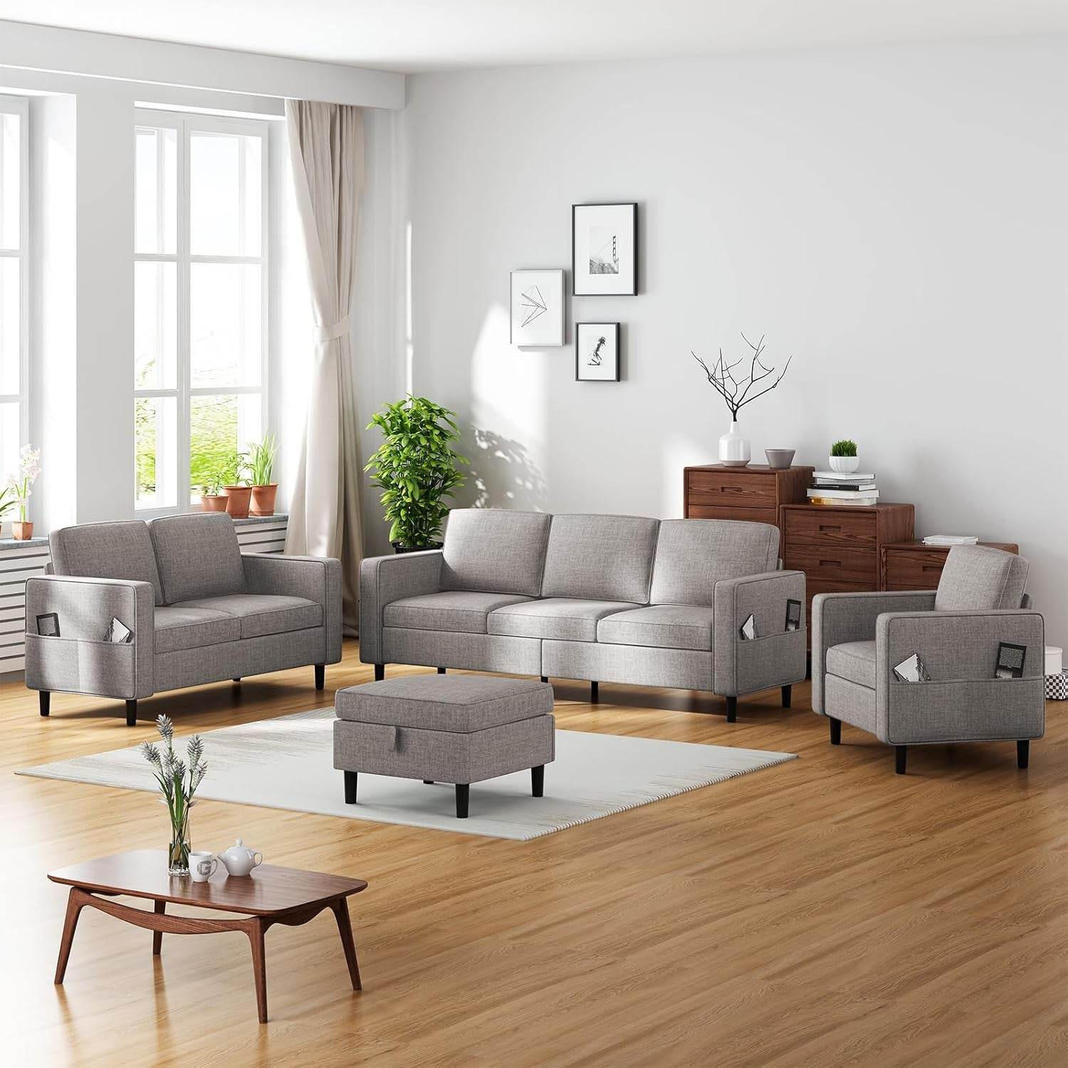 6 Seaters Sectional Upholstered Sofa, Linen Fabric Sofa Couch with Side Pockets, Free Combination Sofa Set with Movable Storage Ottoman, for Living Room-Sofa&Loveseat&Chair&Ottoman,Light Grey - Loft&Timber
