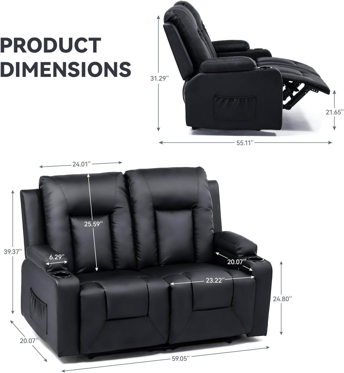 Living Room Furniture Set, Bonded Leather Loveseat Sofa with Cup Holder, Black - Loft&Timber