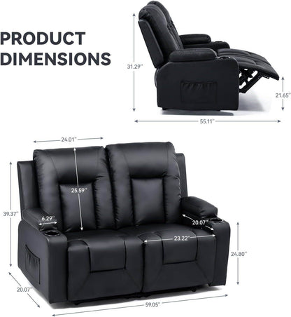 Living Room Furniture Set, Bonded Leather Loveseat Sofa with Cup Holder, Black - Loft&Timber