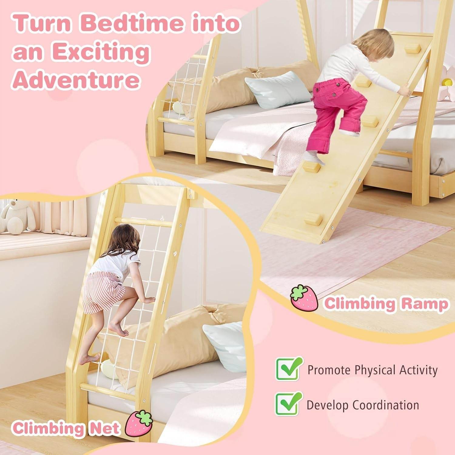 Twin over Queen Bunk Bed, Wood House Bunk Bed for Kids with Climbing Nets and Ramp, Floor Queen Size Bunk Beds with Safety Guardrail, No Box Spring Needed, for Boys Girls Adults (Natural) - Loft&Timber