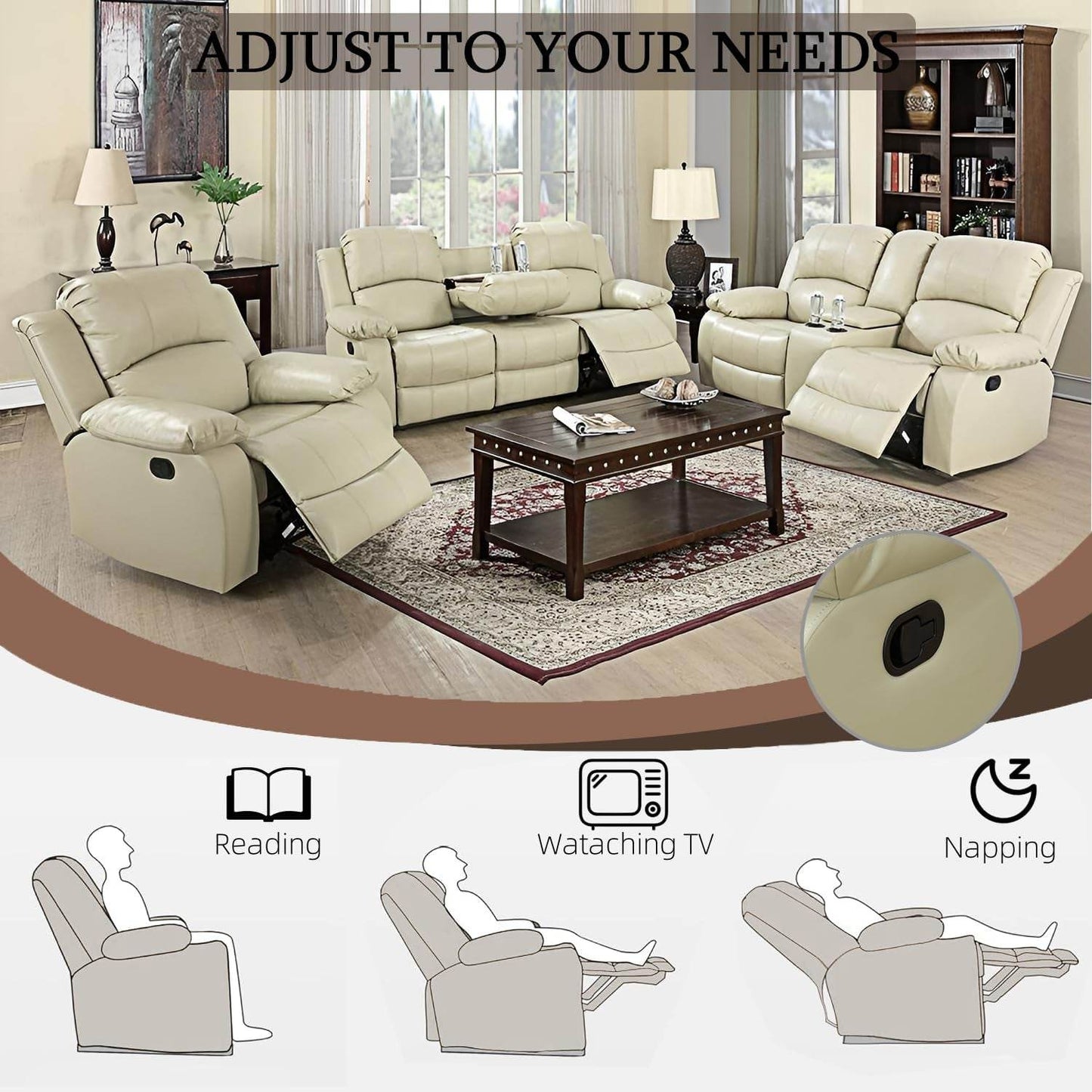 Leather Recliner Sofa Set, Beige (Sofa Set 3 Pieces) - Loft&Timber