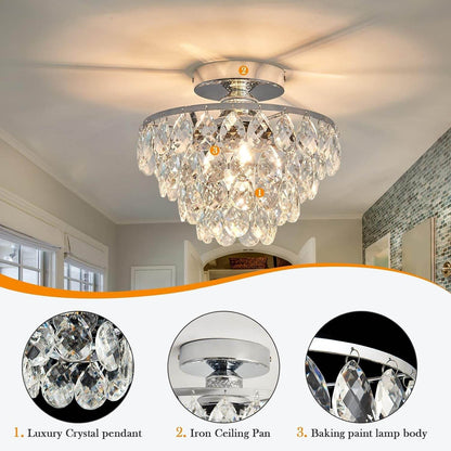 Modern E26 Small Crystal Chandelier Semi Flush Mount Ceiling Light Fixture Silver Ceiling Lamp for Hallway Bedroom Bathroom Closet Bedroom Foyer （Chrome） - Loft&Timber