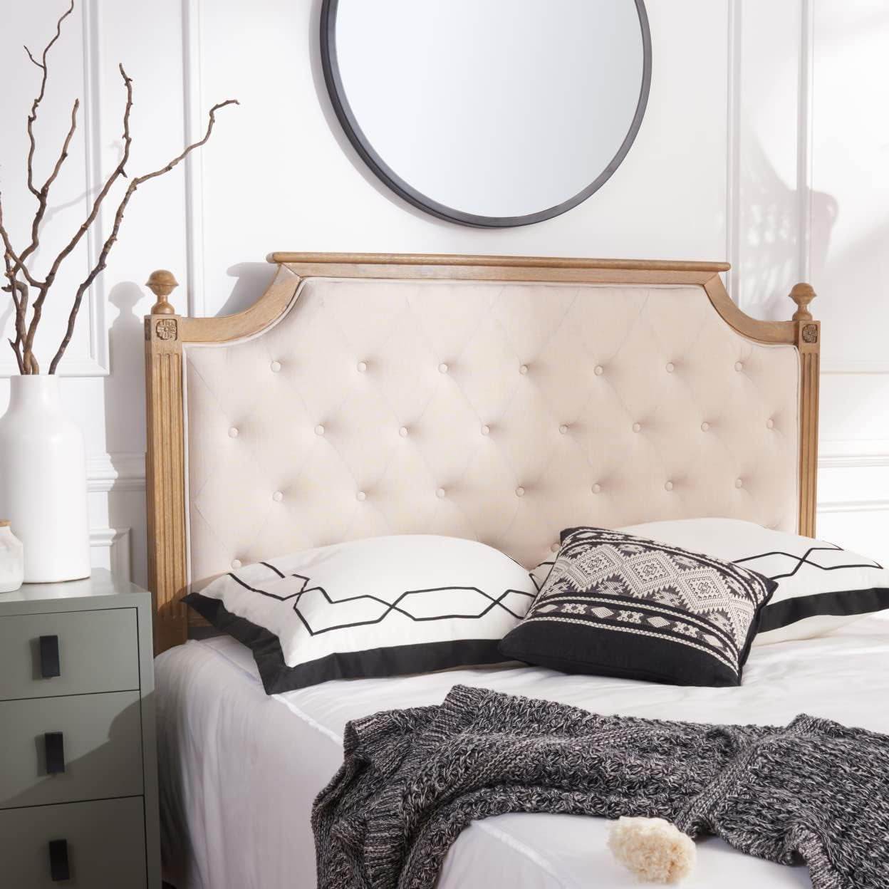 Tufted Linen Headboard in Beige and Rustic Oak - Loft&Timber