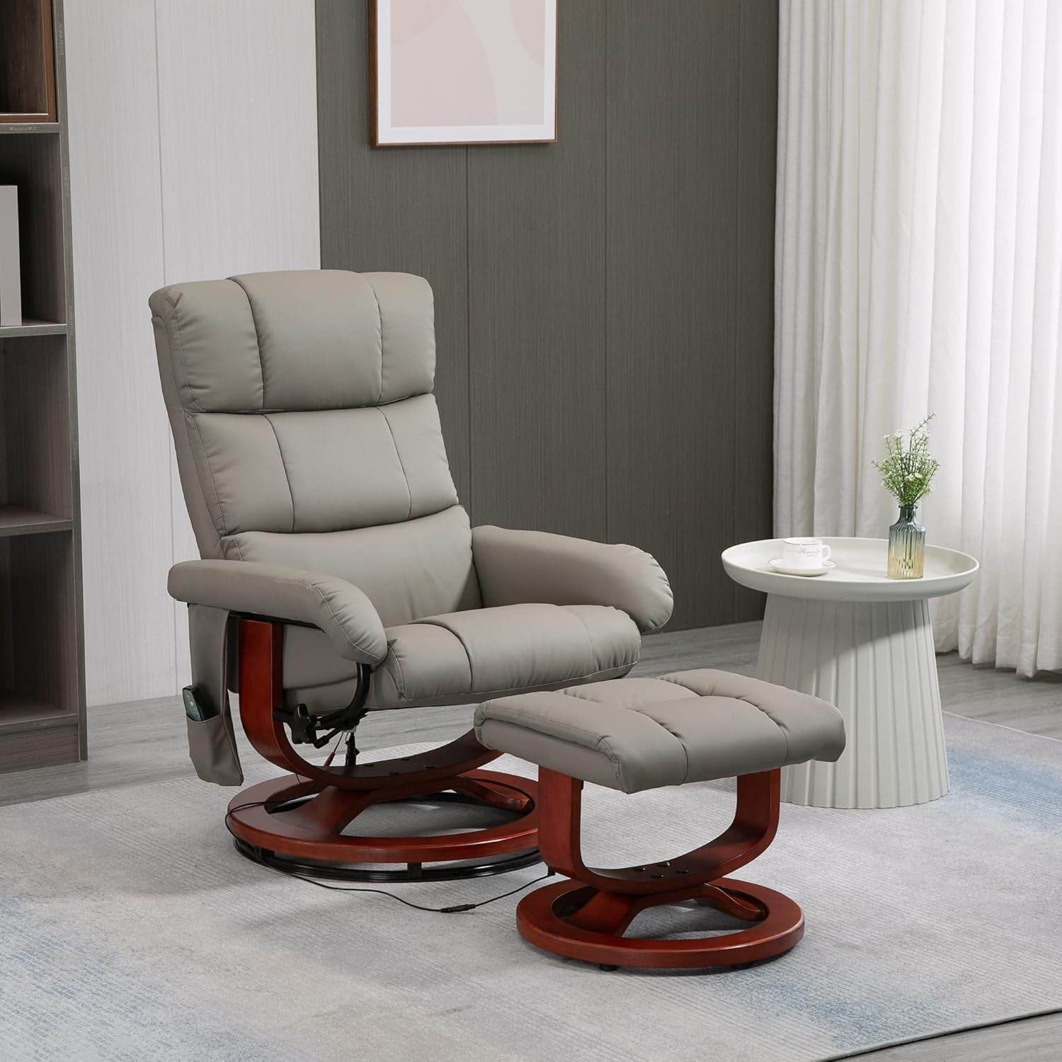 Massage Recliner Chair with Ottoman, Swivel Recliner and Footrest, Faux Leather Reclining Chair with Remote Control and Side Pocket, Gray - Loft&Timber
