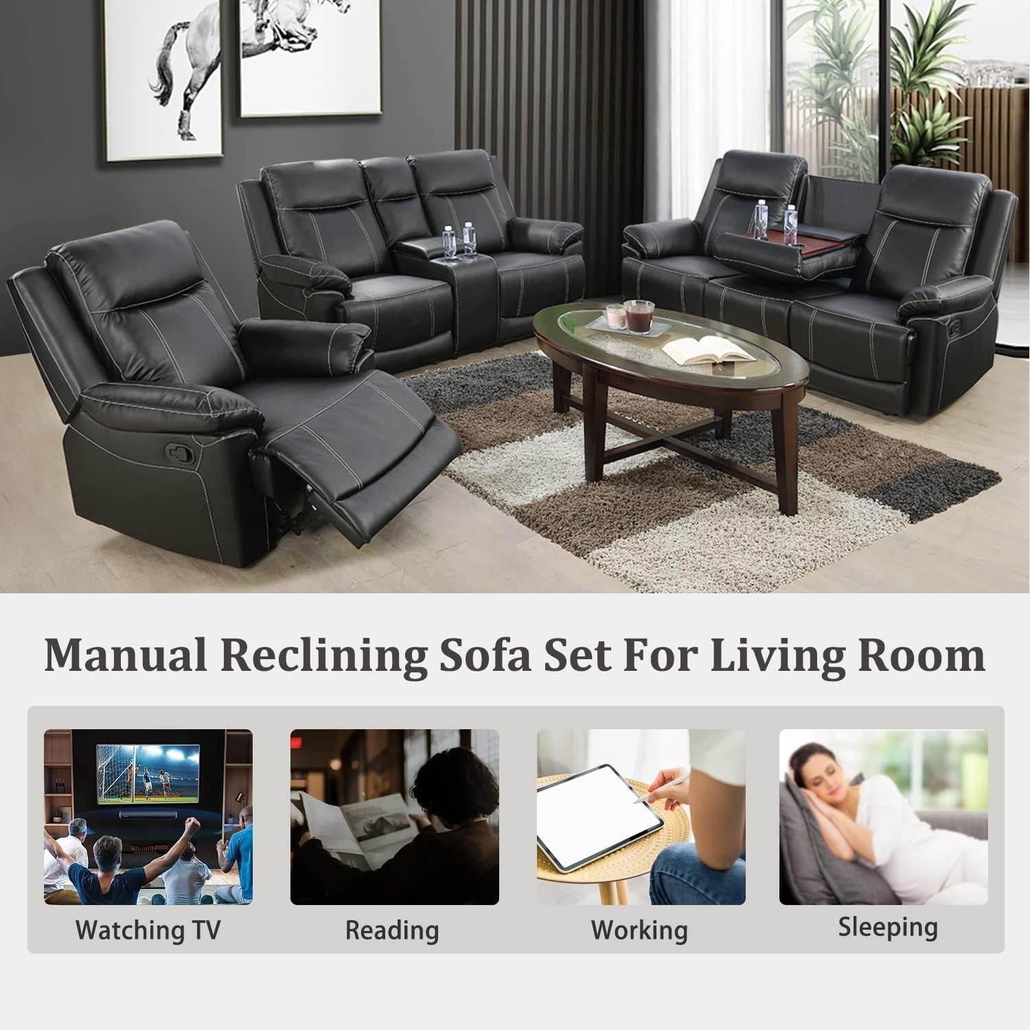 Manual Recliner Sofa Set, Bonded Leather in Black - Loft&Timber