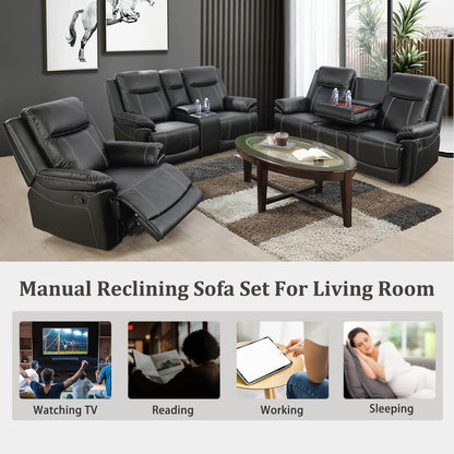 Manual Recliner Sofa Set, Bonded Leather in Black - Loft&Timber