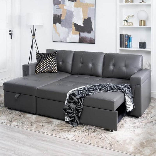 Jenny Sectional Sofa Sleeper with Storage Chaise, Dark Gray,Air Leather - Loft&Timber