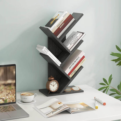 4 Tier Tree Bookshelf, 4 Shelf Bookcase, Free Standing Tree Bookcase, Display Floor Standing Shelf for Books, Book Organizer Shelves for Home Office, Living Room, Bedroom, Black - Loft&Timber