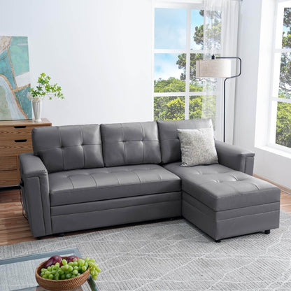 L-Shaped Sectional Sleeper Sofa with USB Ports - Convertible Pull-Out Bed, Ample Storage, Timeless Design, Durable Construction, Gray/Air Leather - Loft&Timber