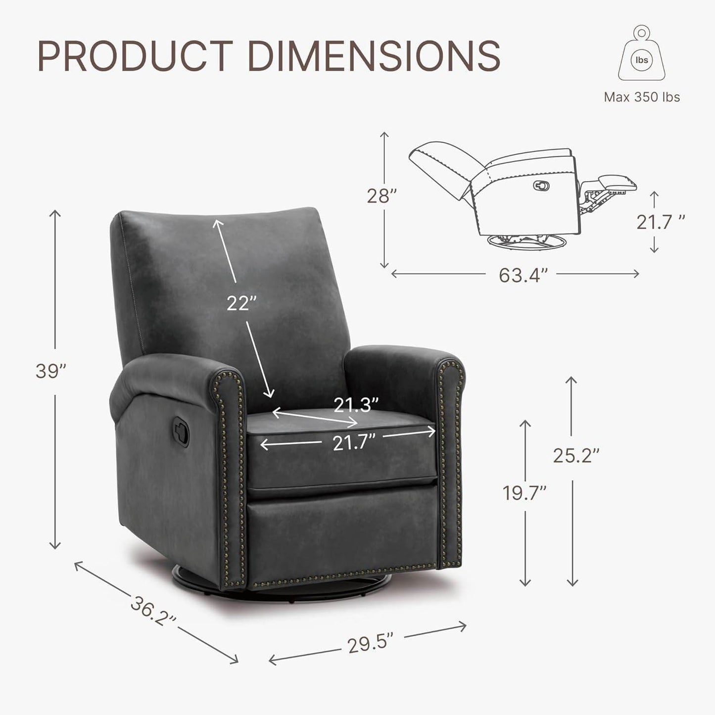 Large Leather Recliner Chair Faux Swivel Rocker - Loft&Timber