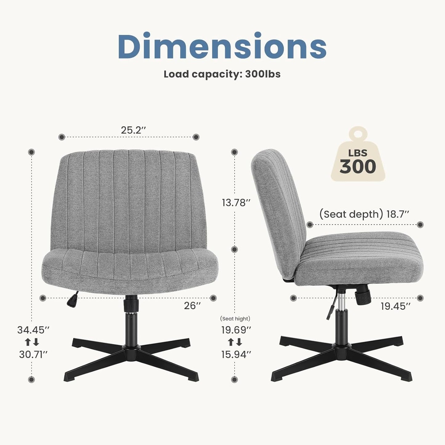 Cross Legged Office Chair, Armless Wide Desk Chair No Wheels, Modern Home Office Desk Chair Swivel Adjustable Fabric Vanity Chair-1
