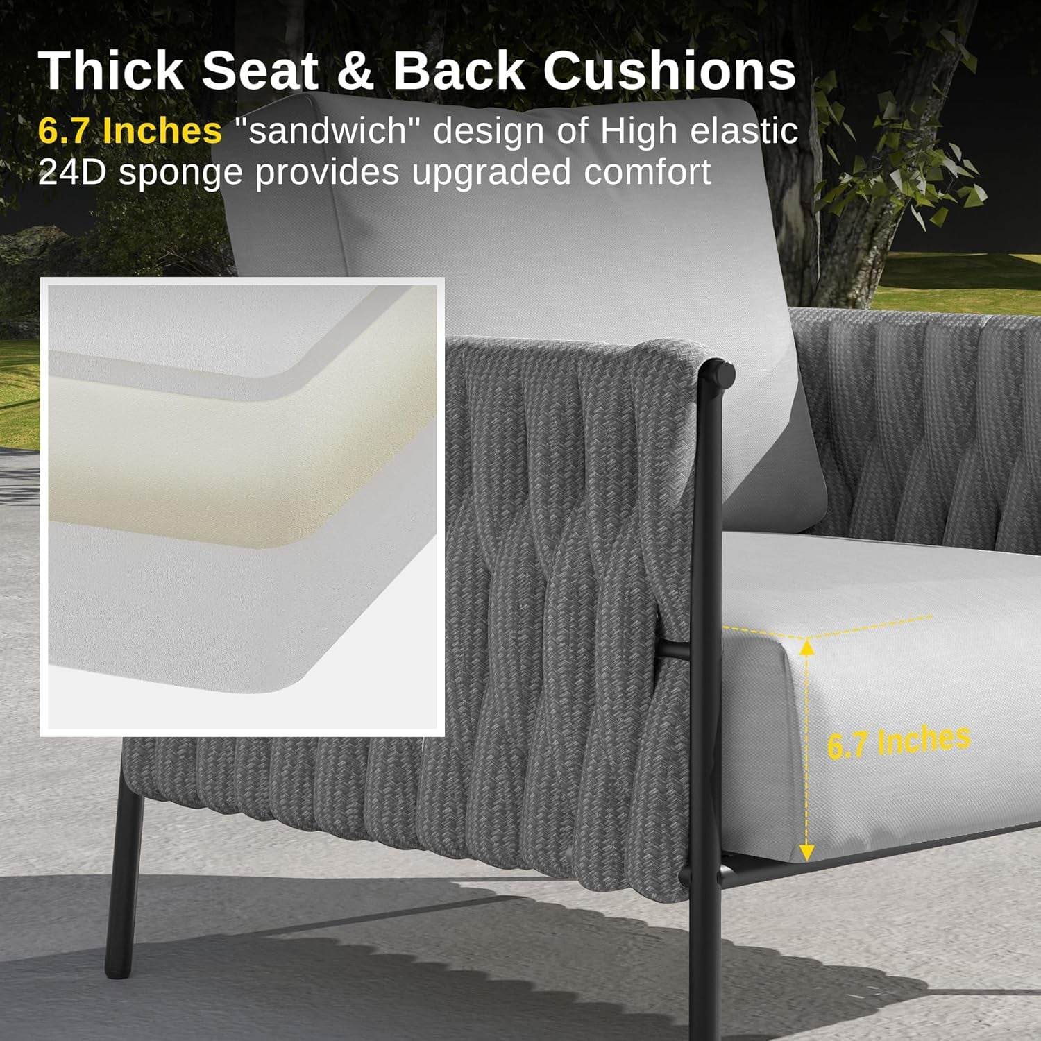 3 Pieces Patio Furniture Set, Armchairs with Coffee Table, Outdoor Furniture Set with Cushion, Modern Outdoor Furniture Deep Seating for Outdoor Garden Porch, Earth Black & Misty Grey - Loft&Timber