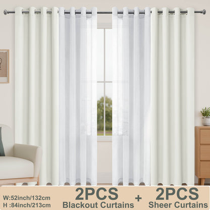 4pcs/SET Curtains - 2pcs Blackout Curtains with Tiebacks And 2pcs Sheer Curtains - Loft&Timber