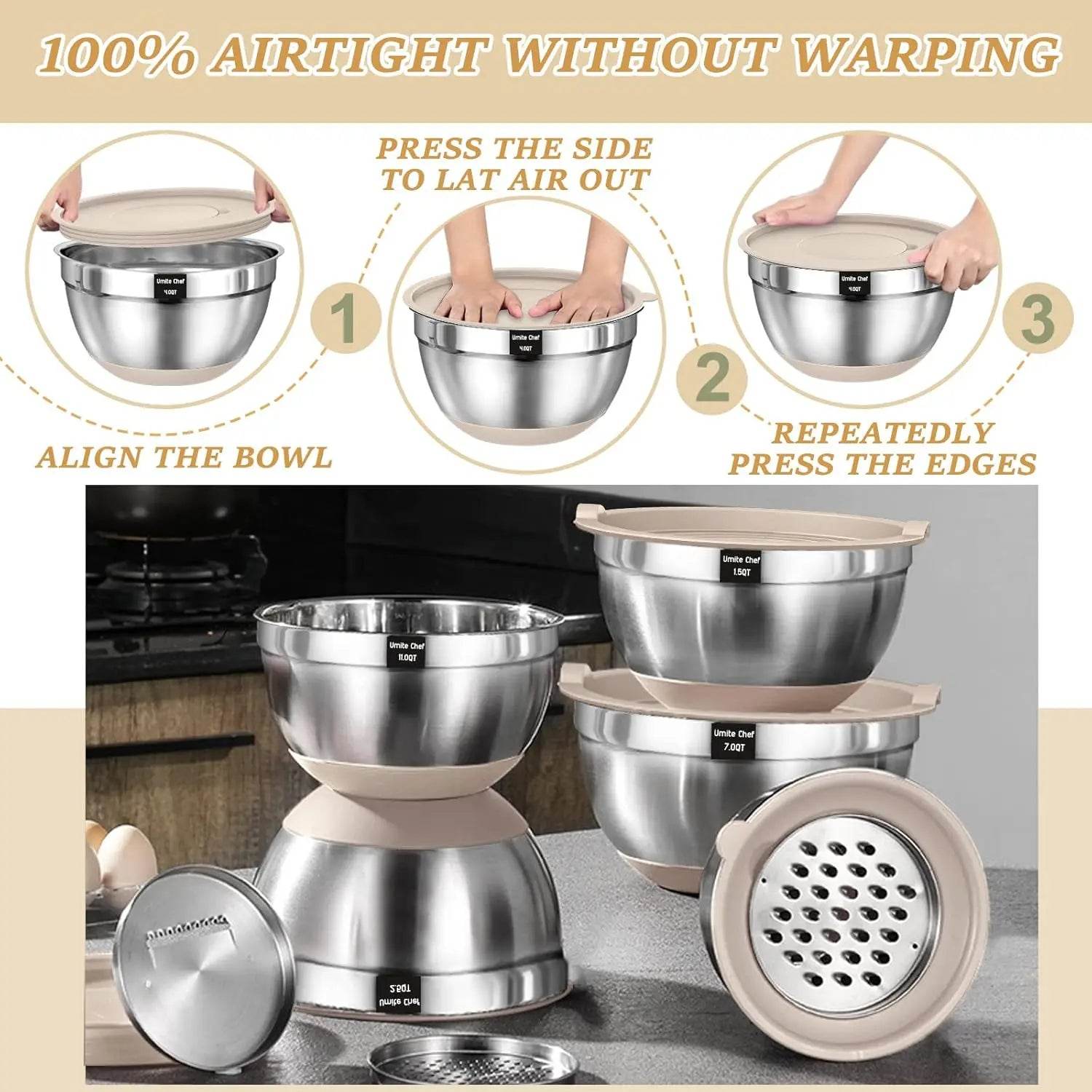 Mixing Bowls with Airtight Lids Set, 26PCS Stainless Steel Khaki Bowls - Loft&Timber