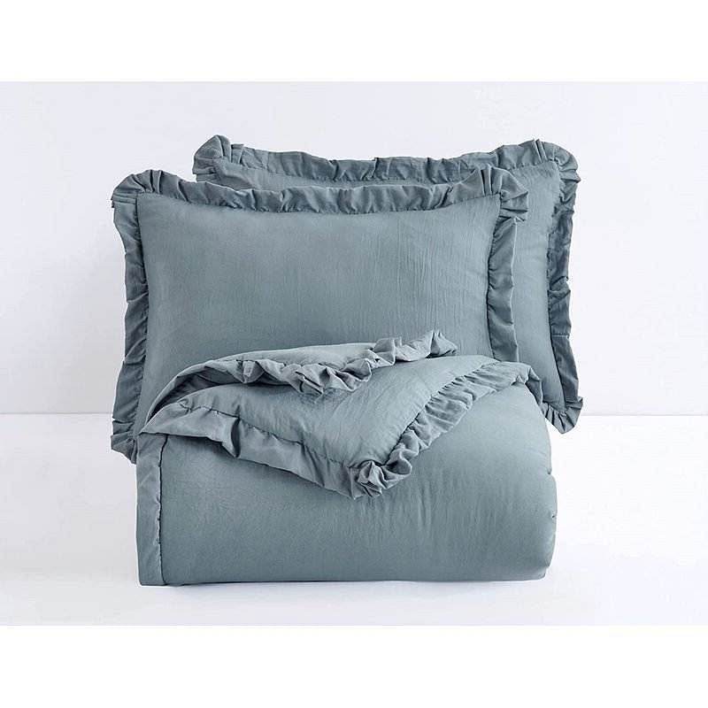 Full Size Blue Stone Washed Ruffled Edge Microfiber 3-Piece Comforter Set - Loft&Timber
