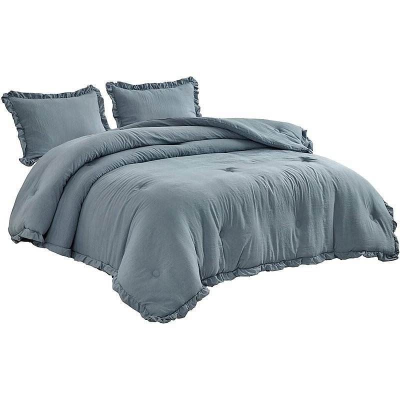 Full Size Blue Stone Washed Ruffled Edge Microfiber 3-Piece Comforter Set - Loft&Timber