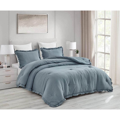 Queen Oversized Blue Ruffled Edge Microfiber Comforter Set - Loft&Timber