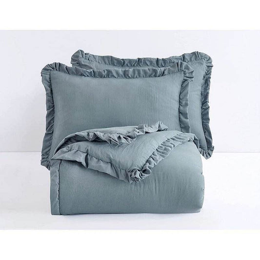 Queen Oversized Blue Ruffled Edge Microfiber Comforter Set - Loft&Timber