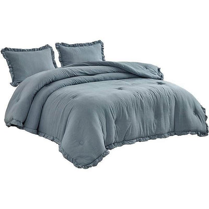 Queen Oversized Blue Ruffled Edge Microfiber Comforter Set - Loft&Timber