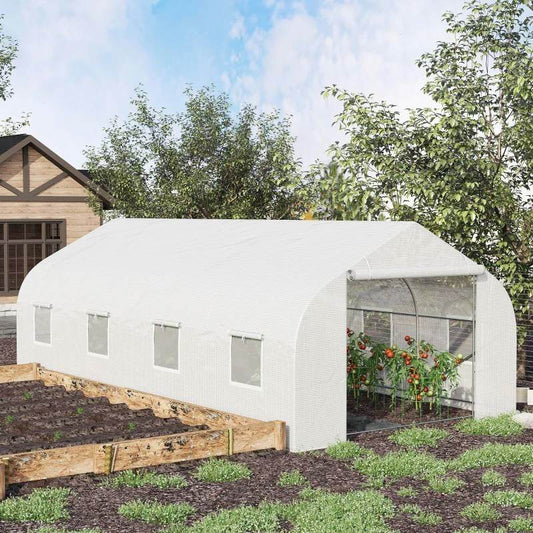 19.5 Ft x 9.8 Ft Outdoor Greenhouse w/ White PE Cover and Heavy Duty Steel Frame - Loft&Timber