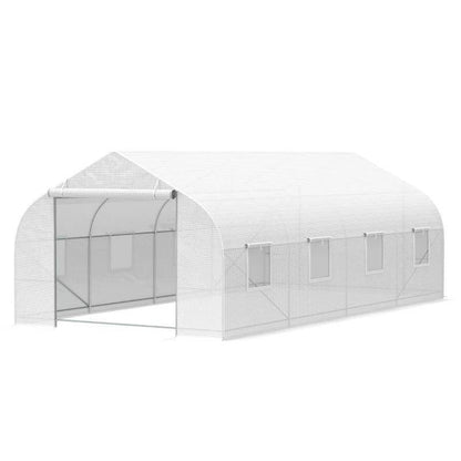 19.5 Ft x 9.8 Ft Outdoor Greenhouse w/ White PE Cover and Heavy Duty Steel Frame - Loft&Timber