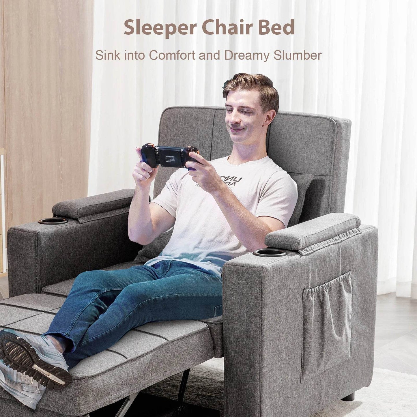 Comhoma Convertible Sofa Bed Armchair with Cup Holders - Loft&Timber