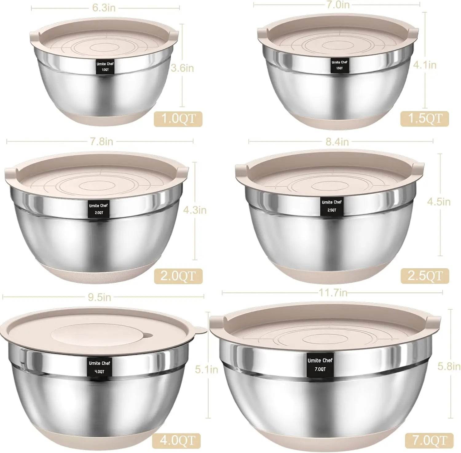 Mixing Bowls with Airtight Lids Set, 26PCS Stainless Steel Khaki Bowls - Loft&Timber