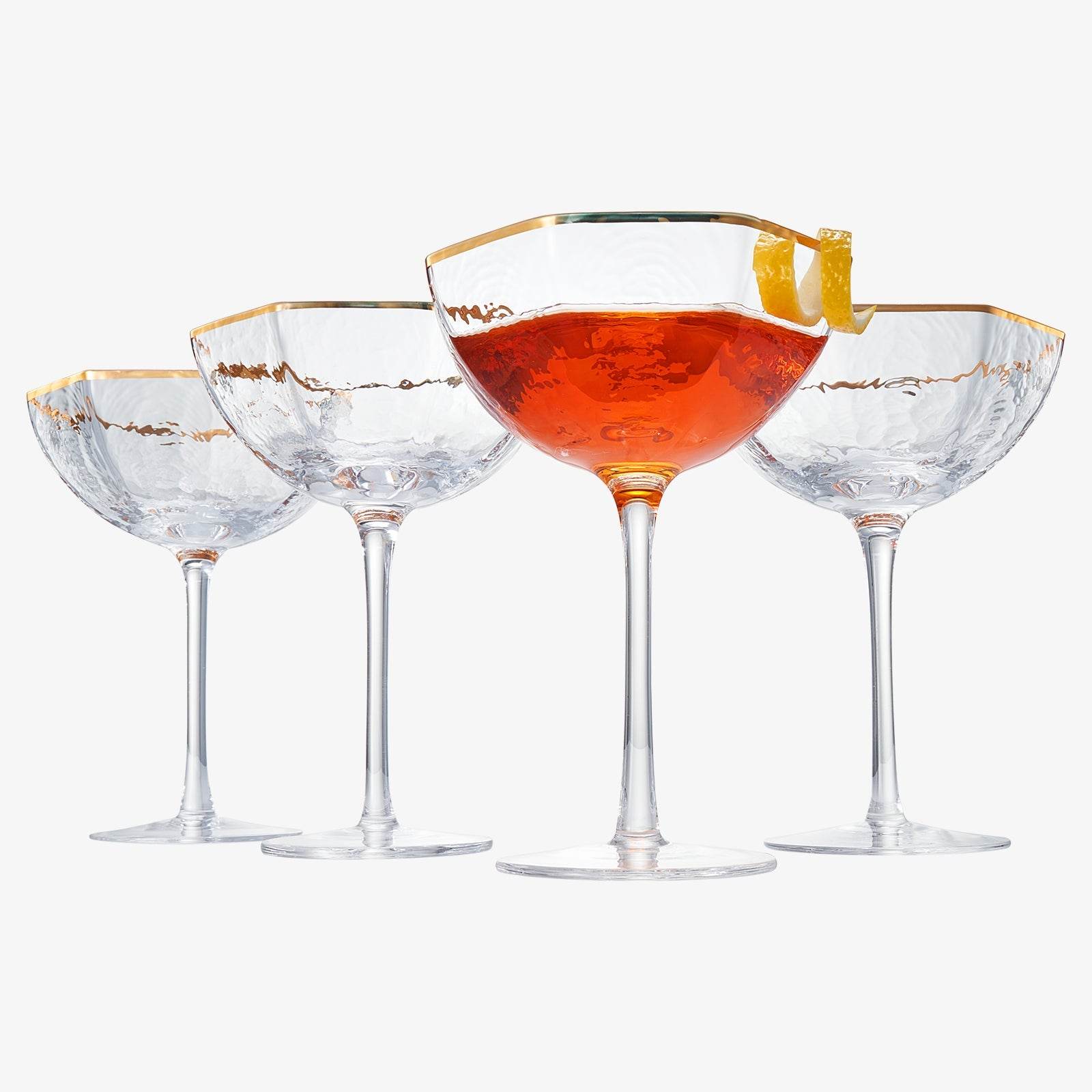 Vintage Crystal Champagne Coupe Gold Rim Hexagonal Angled Glasses | Set of 4 | 6 oz, Art Deco Rim Classic Cocktail Glassware - Martini, Cosmopolitan, Sidecar, Daiquiri | 1920s Style Saucer Goblets - Loft&Timber