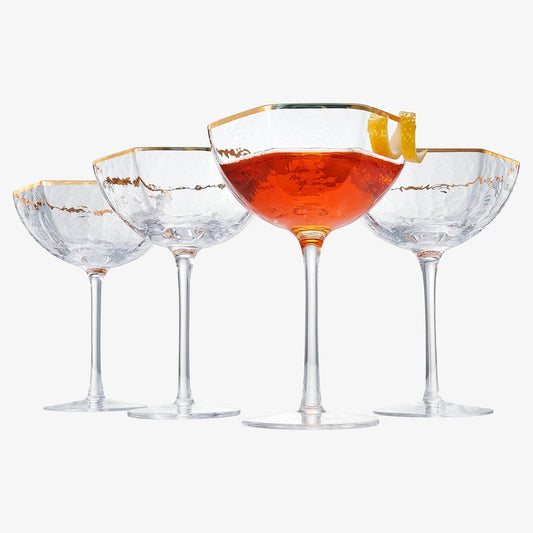 Vintage Crystal Champagne Coupe Gold Rim Hexagonal Angled Glasses | Set of 4 | 6 oz, Art Deco Rim Classic Cocktail Glassware - Martini, Cosmopolitan, Sidecar, Daiquiri | 1920s Style Saucer Goblets - Loft&Timber