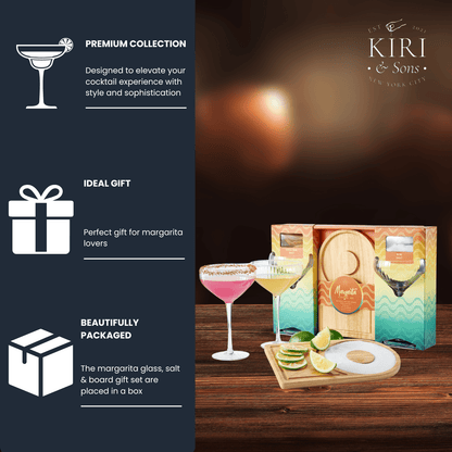 Margarita Glass, Salt & Board Gift Set - Includes 2 Ribbed 12oz Stemmed Glasses, Chili & Regular Salt, Wooden Rimmer Board, Beautiful Gift Box - Gifts for Margarita Lovers, Cocktail Parties, Holiday - Loft&Timber