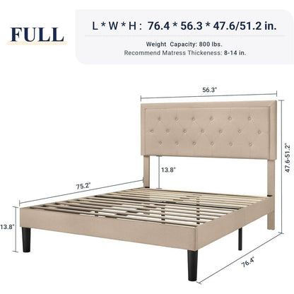 Full size Beige Linen Platform Bed Frame with Button Tufted Headboard - Loft&Timber