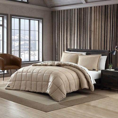 King Plush Sherpa Reversible Micro Suede Comforter Set in Beige - Loft&Timber
