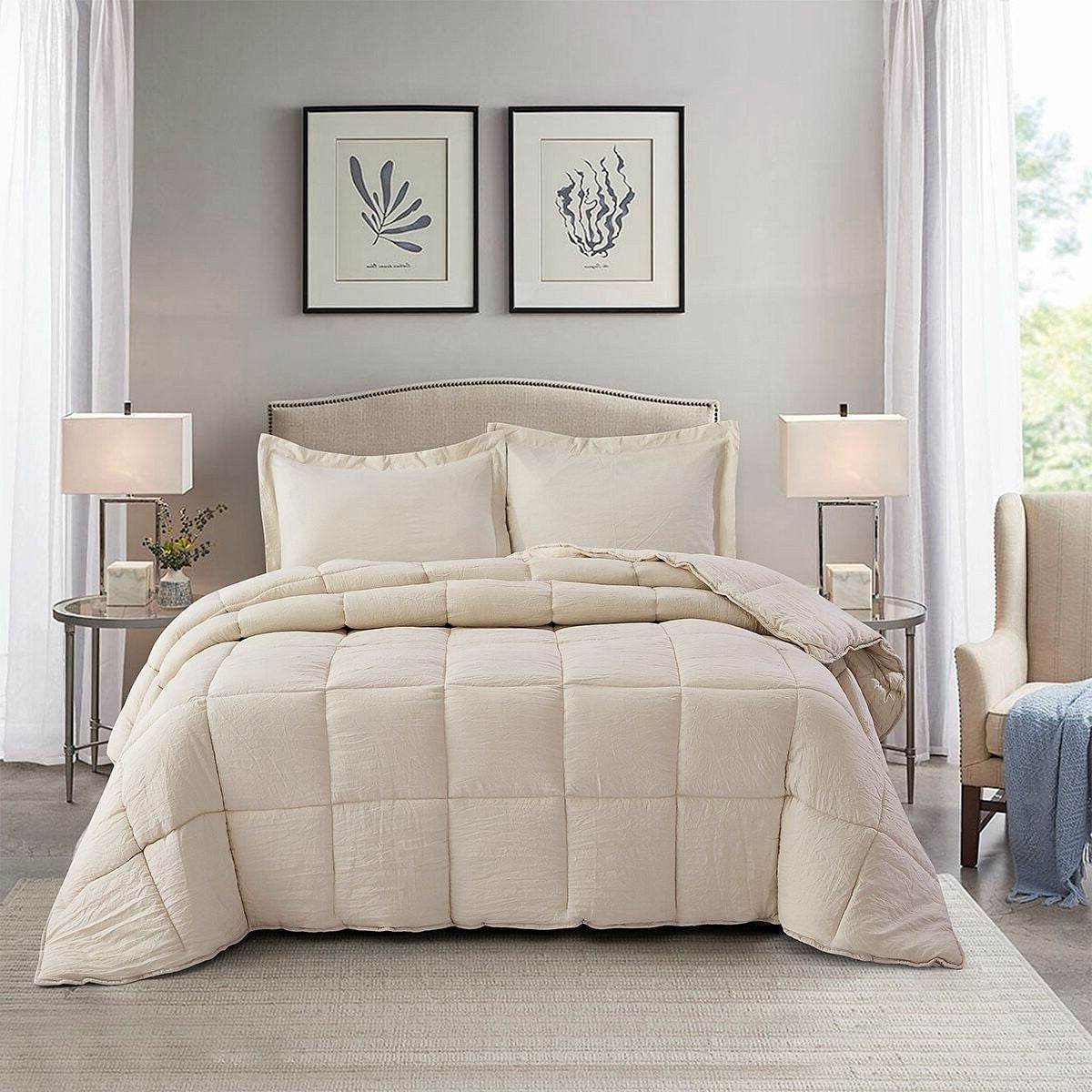 Queen Size Beige 3 Piece Microfiber Reversible Comforter Set - Loft&Timber