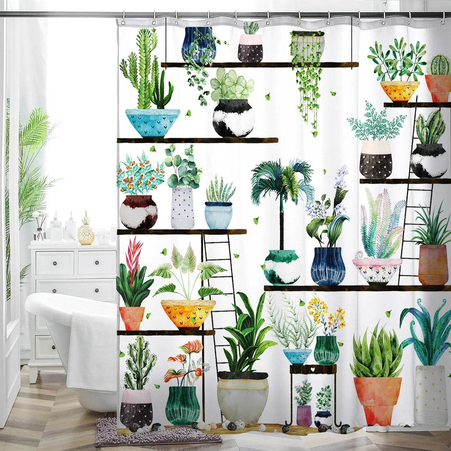 72-in. Watercolor Plants Botanical Floral Flower Pots Succulents Shower Curtain - Loft&Timber