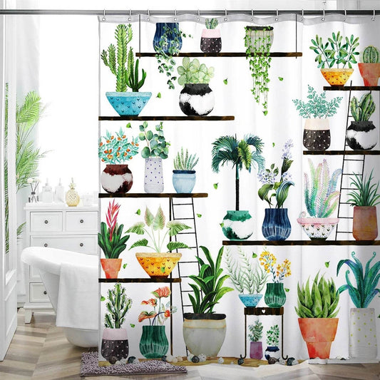 72-in. Watercolor Plants Botanical Floral Flower Pots Succulents Shower Curtain - Loft&Timber