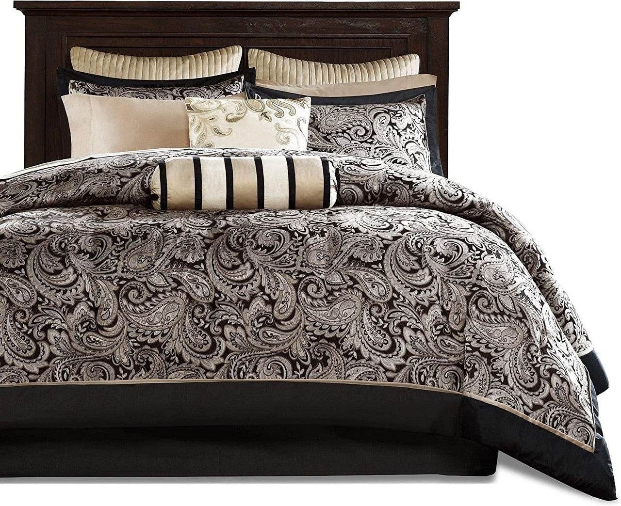 King 12 Piece Cotton Polyester Comforter Set Black Gold Paisley - Loft&Timber