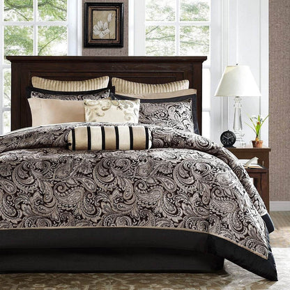 Queen 12 Piece Cotton Polyester Comforter Set Black Gold Paisley - Loft&Timber