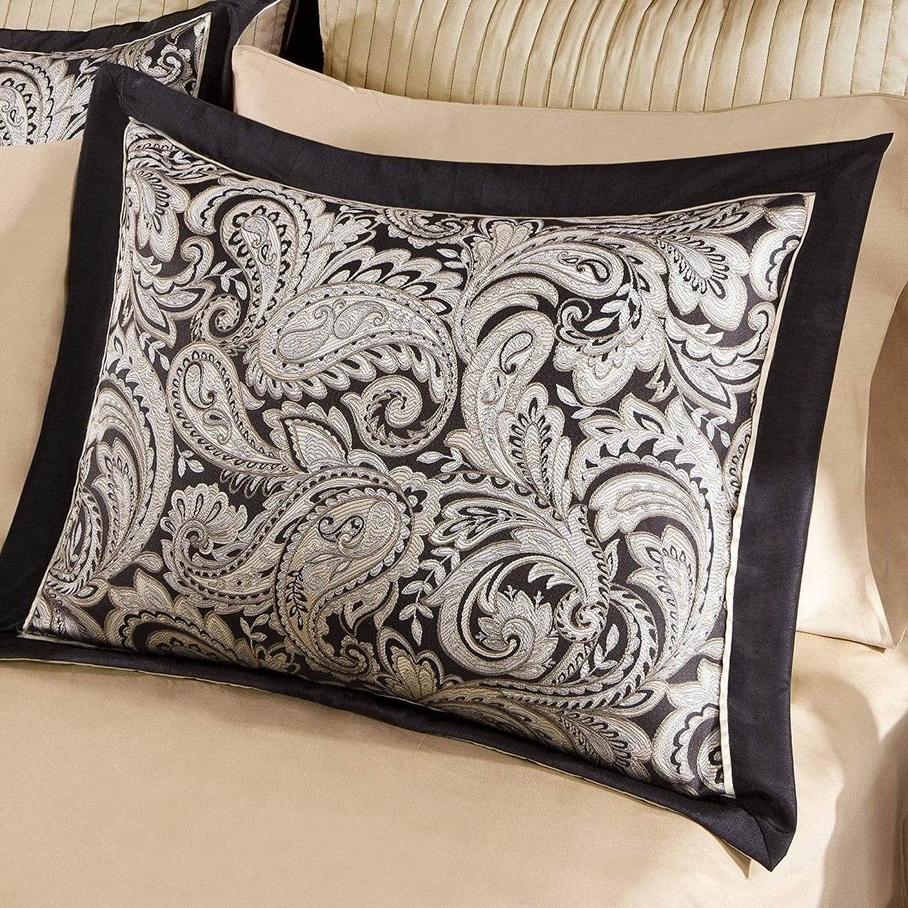 Queen 12 Piece Cotton Polyester Comforter Set Black Gold Paisley - Loft&Timber