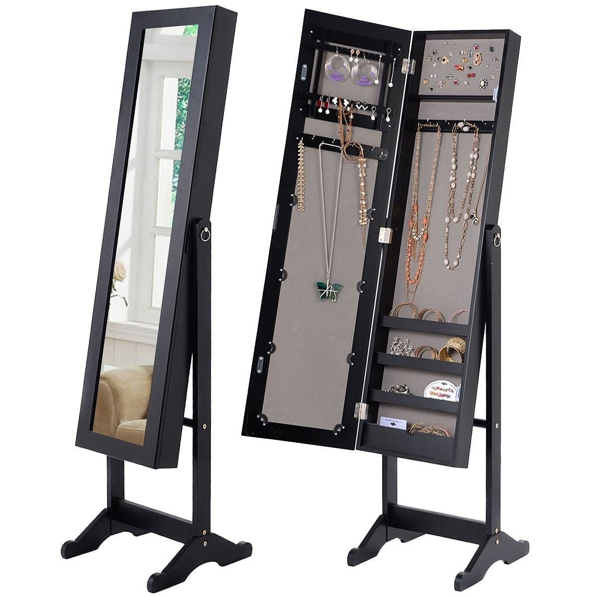 Black Wood Jewelry Storage Cabinet Freestanding Floor Mirror-2