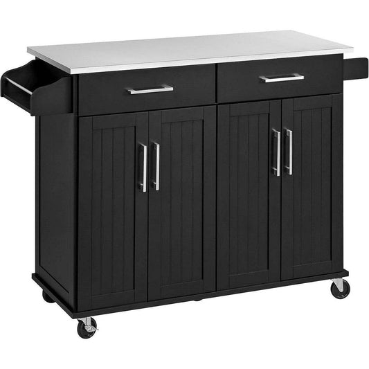 Black Kitchen Island Cart with Stainless Steel Top 2 Drawers and Cabinet - Loft&Timber