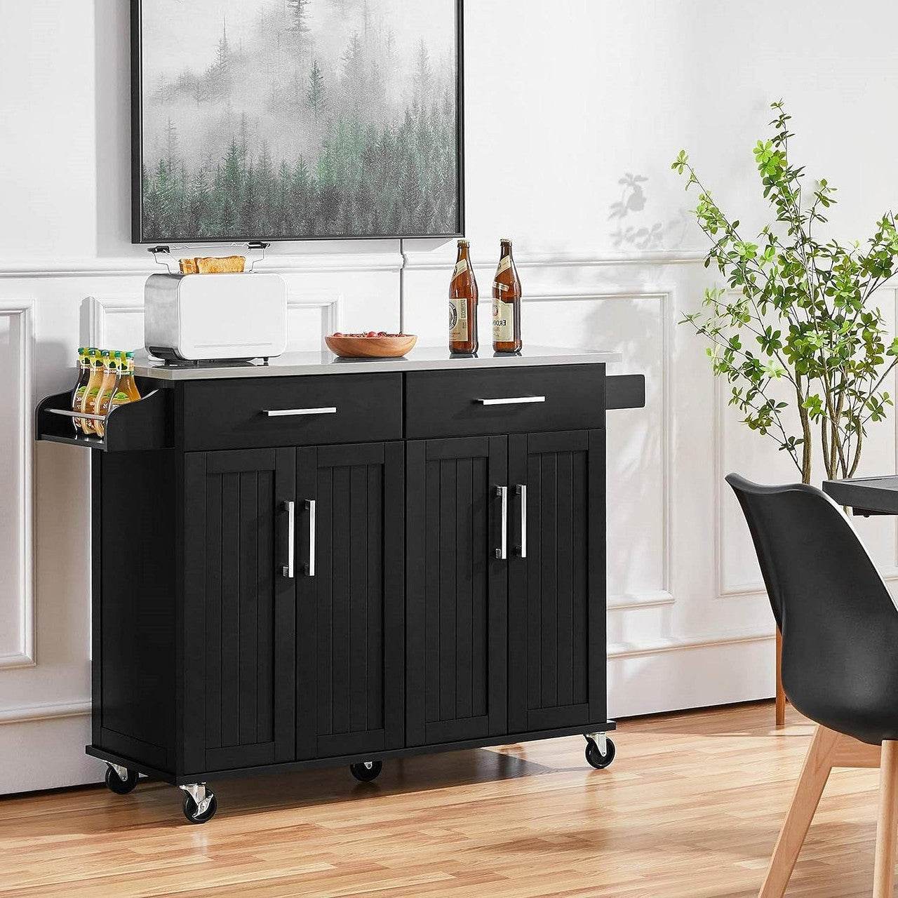 Black Kitchen Island Cart with Stainless Steel Top 2 Drawers and Cabinet - Loft&Timber