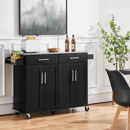 Black Kitchen Island Cart with Stainless Steel Top 2 Drawers and Cabinet - Loft&Timber