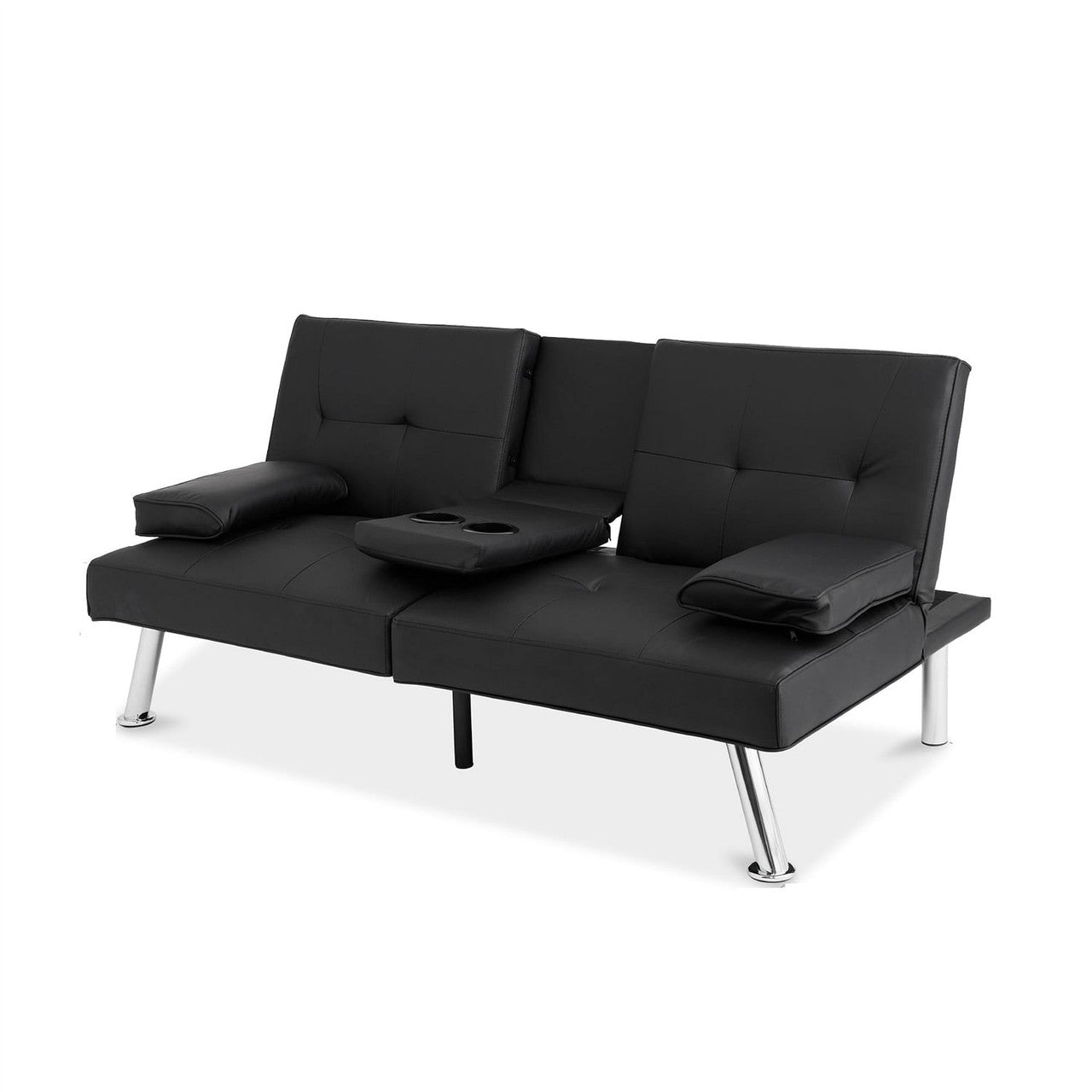 Black Faux Leather Convertible Sofa Futon with 2 Cup Holders-0