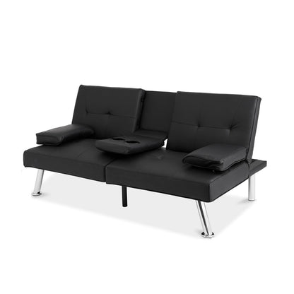 Black Faux Leather Convertible Sofa Futon with 2 Cup Holders-0