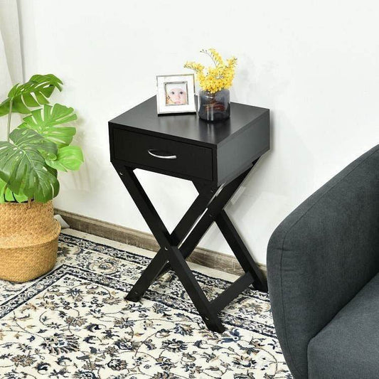 X-Shape 1 Drawer Nightstand End Side Table Storage in Black - Loft&Timber
