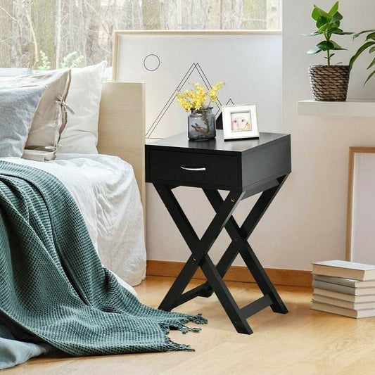 X-Shape 1 Drawer Nightstand End Side Table Storage in Black - Loft&Timber