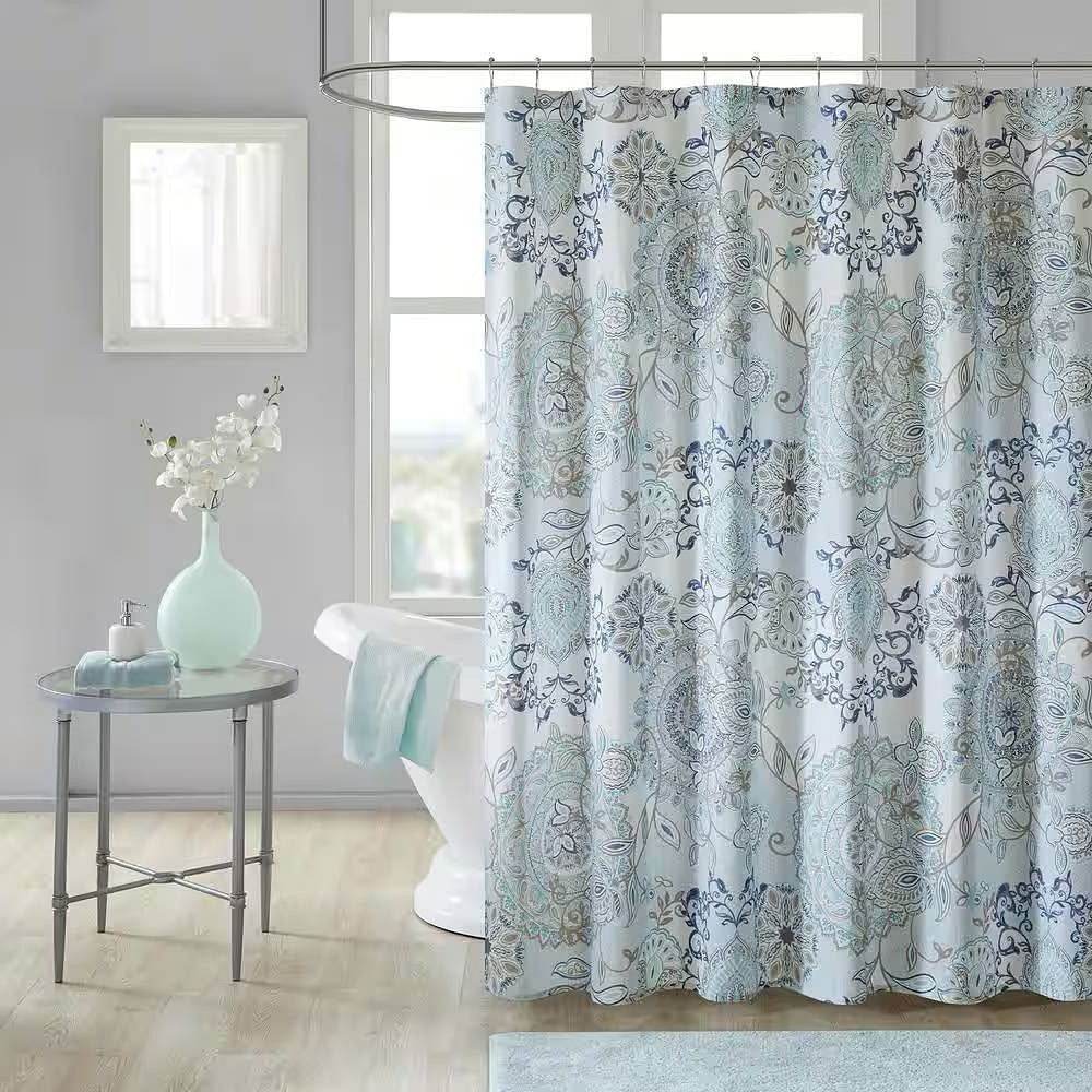 72-inch Cotton Shower Curtain with Blue Watercolor Paisley Floral Motif - Loft&Timber