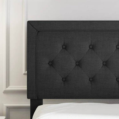 Full size Black Linen Upholstered Platform Bed with Button-Tufted Headboard - Loft&Timber