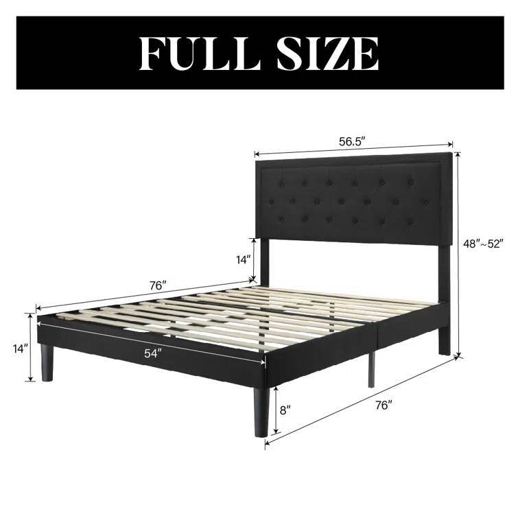 Full size Black Linen Upholstered Platform Bed with Button-Tufted Headboard - Loft&Timber